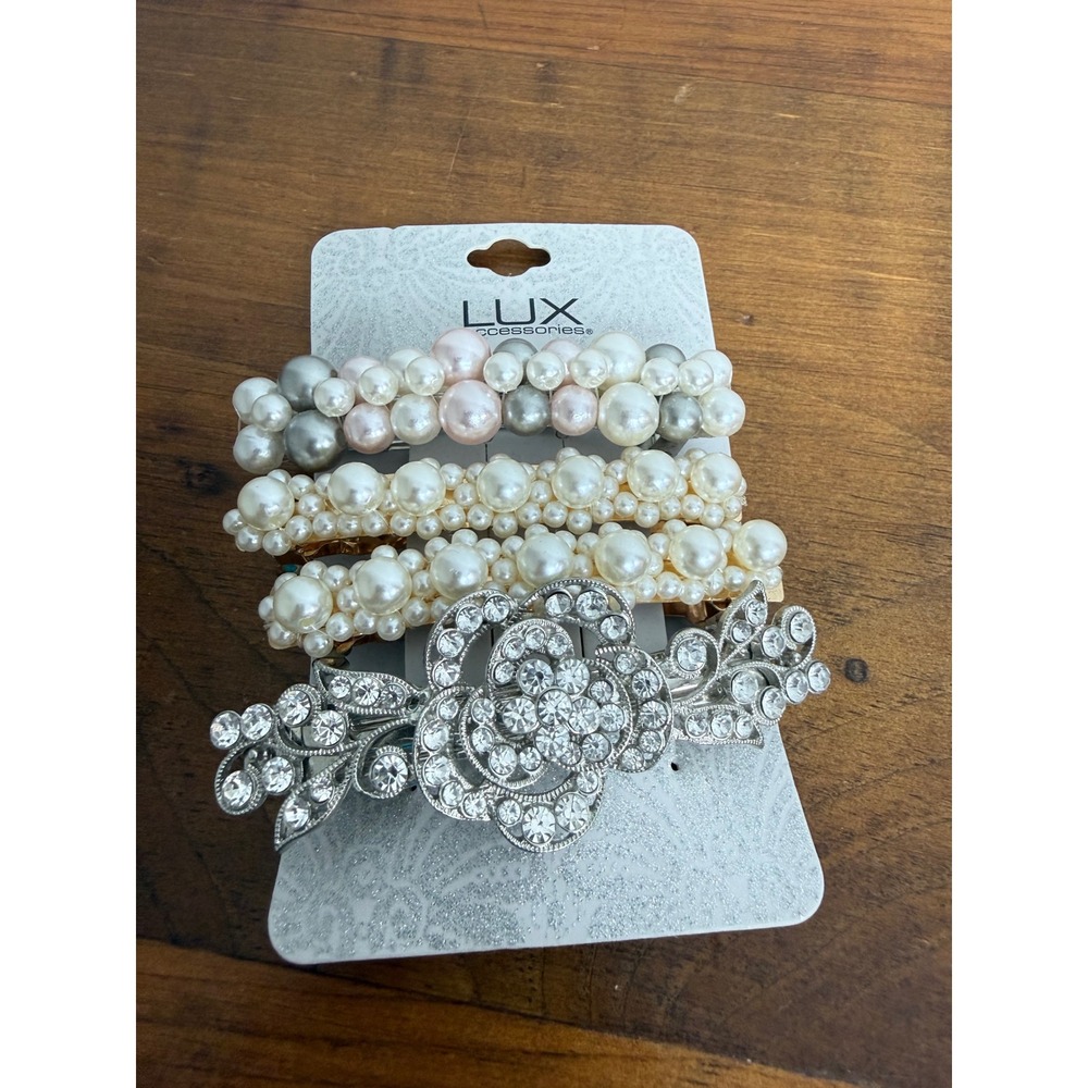 Lux Accessories 4pc Faux Pearl and Rhinestone Hair Clip Barrette Set Ivory Pink